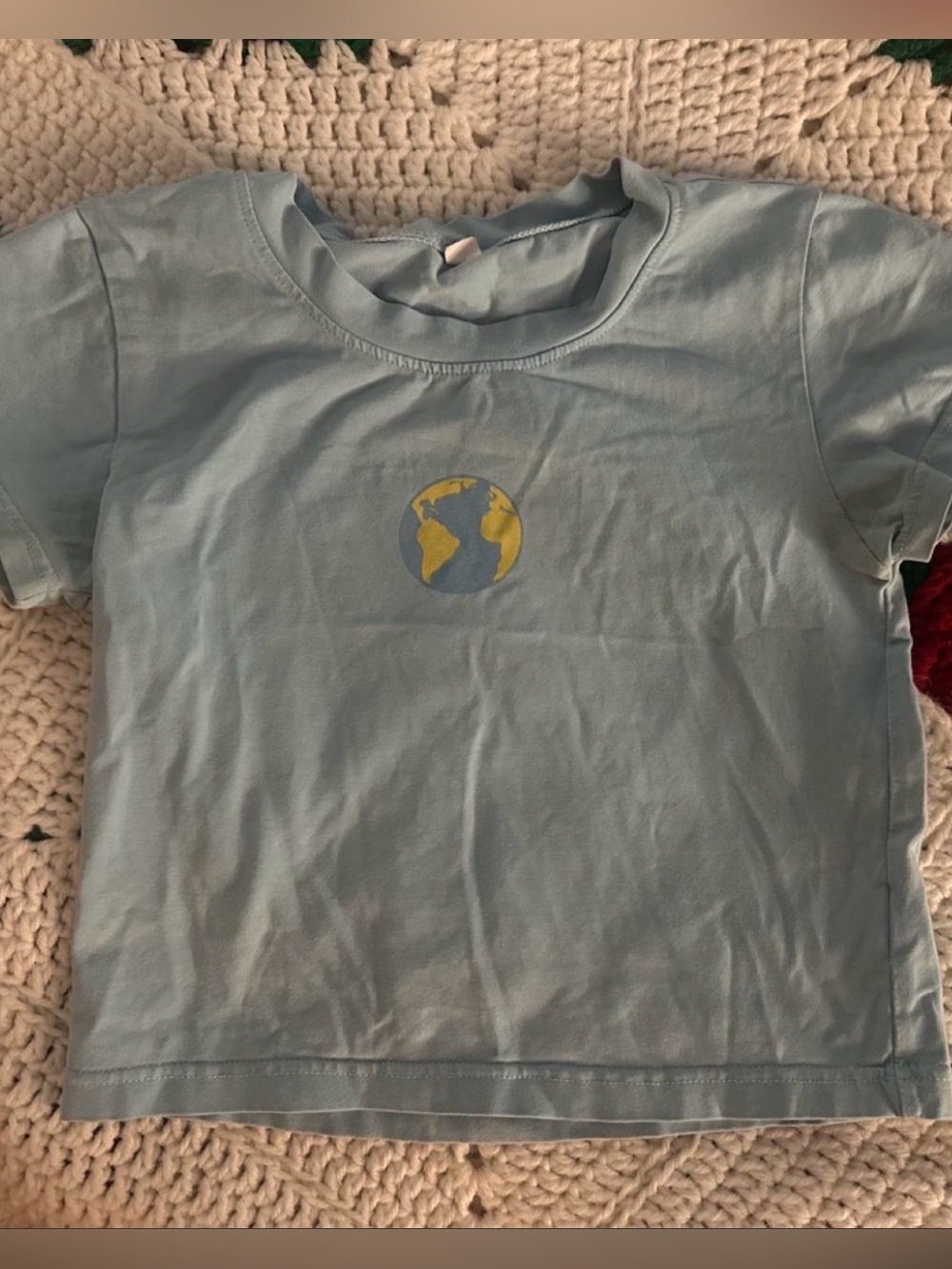 SHEIN Light Blue Crop Tee with Yellow Earth Motif